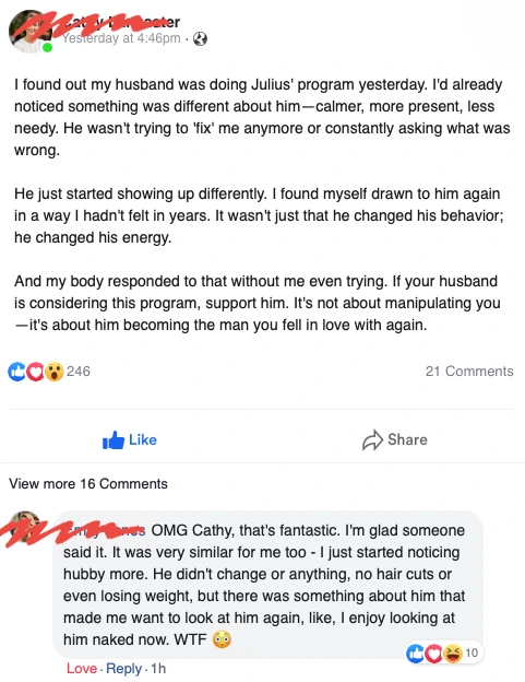Facebook testimonial from a wife describing how her husband's energy changed after the program