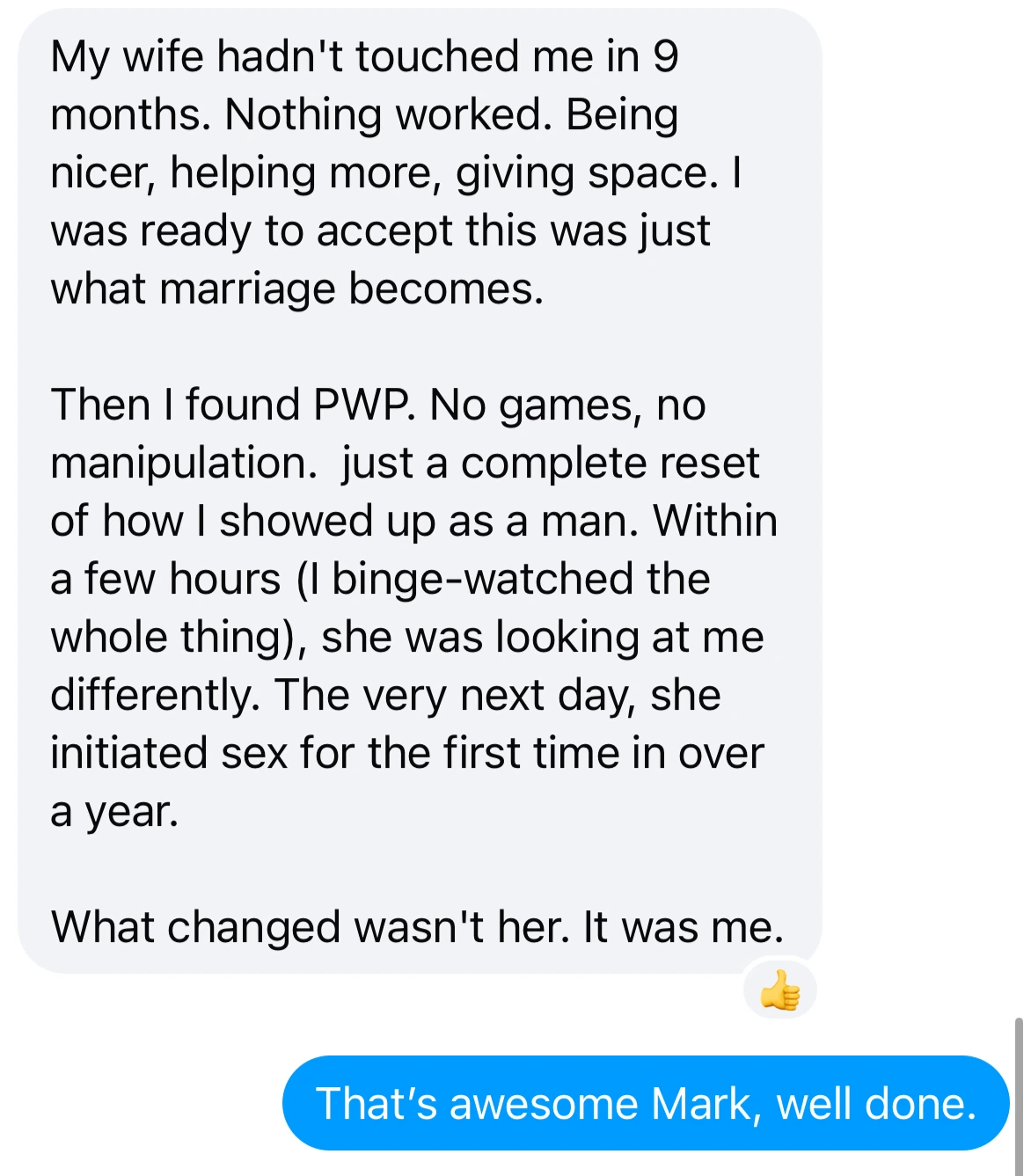 Direct message from Mark describing his wife's response after doing the program